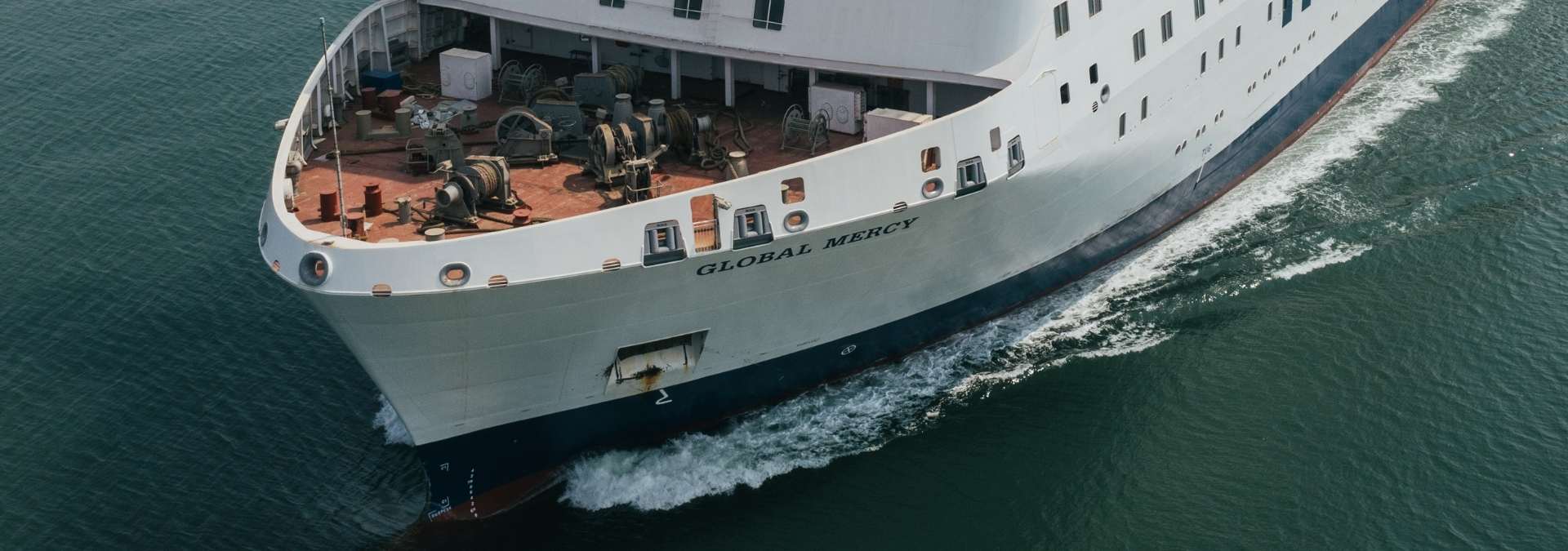 The bow of the Global Mercy during a test run