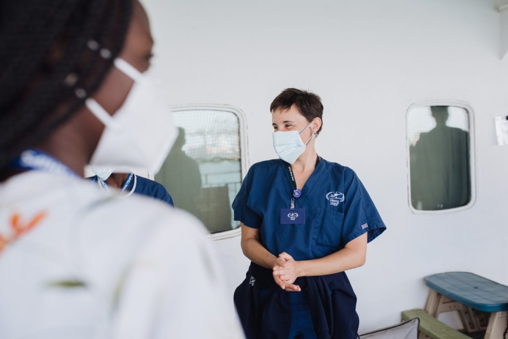 Aude Pull, Ward Nurse, on Deck 7. Check out our online volunteer opportunities to serve onboard a hospital ship like Aude!