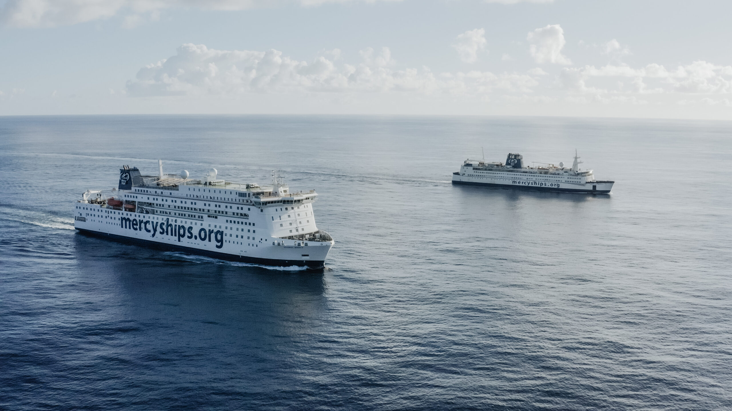 The Global Mercy and the Africa Mercy sailing together after departure from Tenerife, Spain.