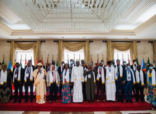 Senegal’s Minister of Health, Abdoulaye Diouf Sarr, is seen with Ministers of Health on the third day of the International Symposium hosted at the King Fahd Palace Hotel in Dakar, Sen, on Friday, May 6, 2022.